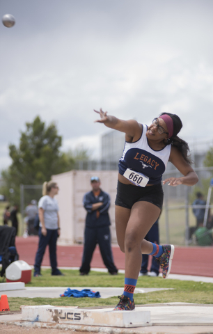 Legacy’s Sabrina Farrow competes in the shot put event during the Division I region tr ...