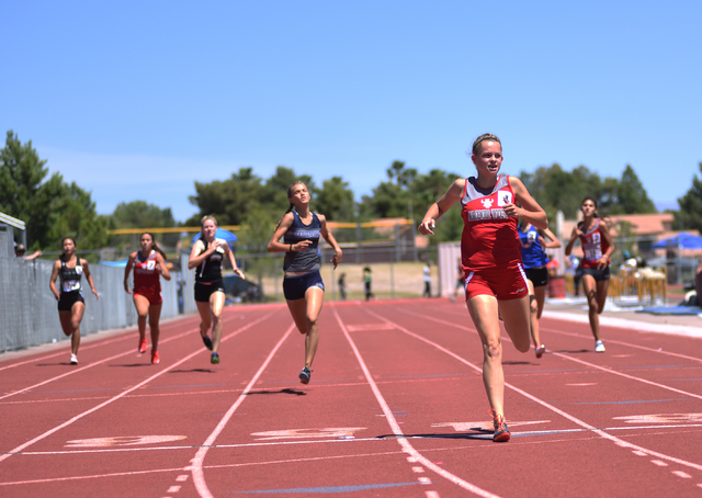 Arbor View’s Madison Aldred finishes in first place after competing in the girls 400-m ...