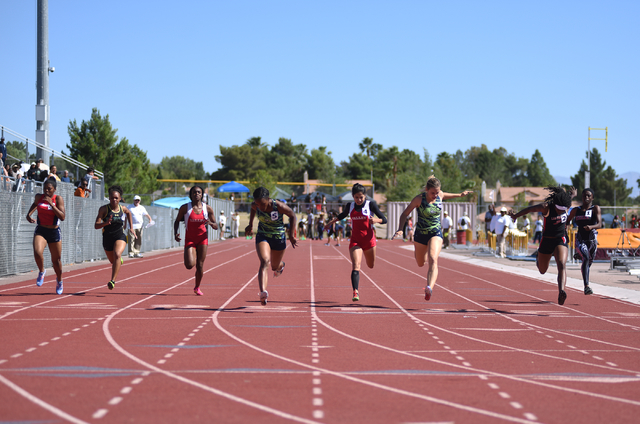 Green Valley’s Deborah Grant, fourth from left, wins first place in the 100-meter dash ...