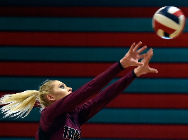 Pahrump Valley’s Alexis Trieb hits the ball against Western during a high school volle ...