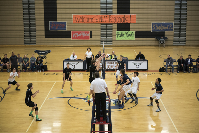Palo Verde, left, plays against Shadow Ridge during their Sunset Regional volleyball semifin ...