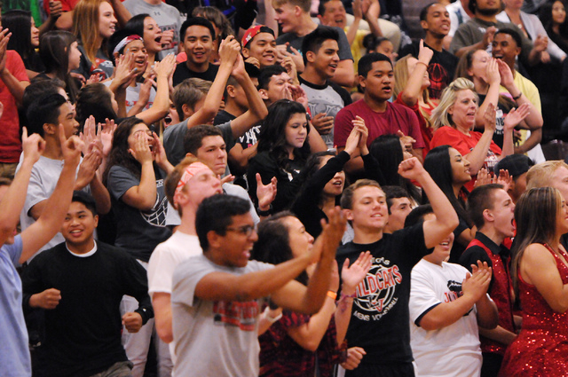 Las Vegas’ fans react to a play during the Sunrise Region boys volleyball final on Fri ...