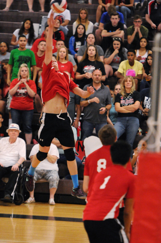 Las Vegas’ Chris Kampshoff (9) goes up for a kill during the Sunrise Region boys voll ...