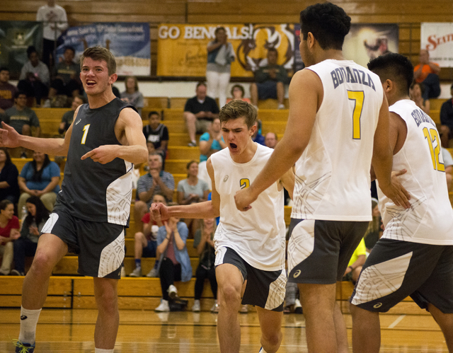 Bonanza celebrates a point during the Sunset Region boys volleyball quarterfinal matchup aga ...