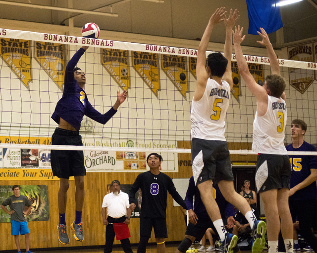 Durango’s Michael Diggins (2) hits the ball during the Sunset Region boys volleyball ...