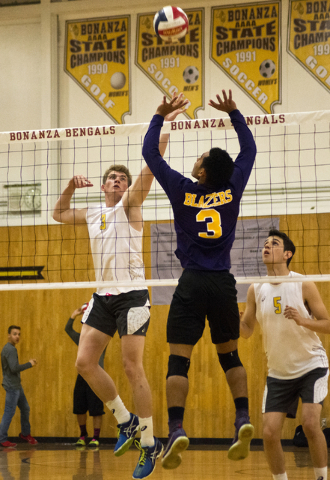 Bonanza’s Dylan Hafen (3) jumps to hit the ball during the Sunset Region boys volleyba ...