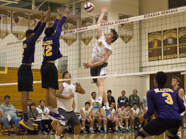 Bonanza’s Nate Fales (6) hits the ball during the Sunset Region boys volleyball quarte ...
