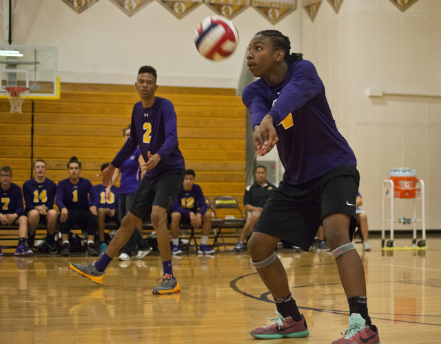 Durango’s Jaylen Clark (4) hits the ball during the Sunset Region boys volleyball qua ...