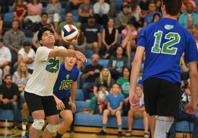 Green Valley’s Tyler Dancel (23) digs a ball against Valley during their volleyball ga ...