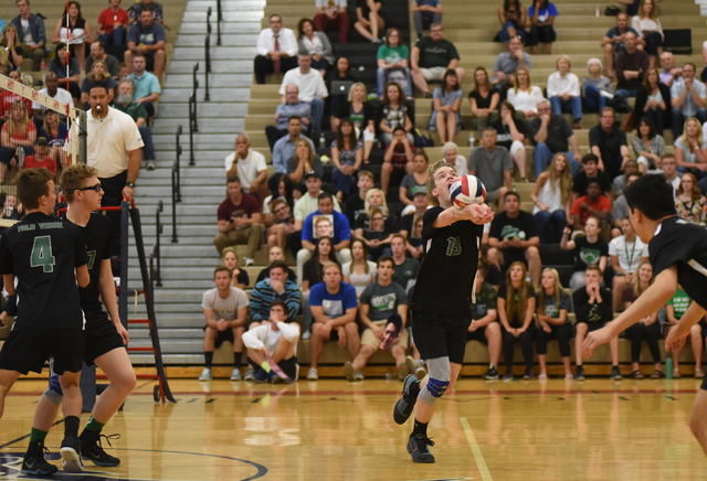 Palo Verde’s Chandler Juilfs (12) sets the ball against Arbor View during the Sunset R ...