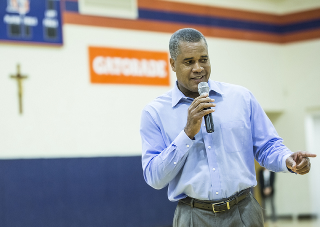 Bishop Gorman girls basketball coach Kevin Nixon talks to student athletes expected to sign ...