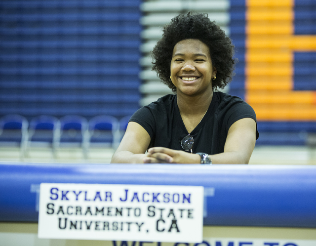 Bishop Gorman’s Skylar Jackson sits with fellow student athletes expected to sign coll ...