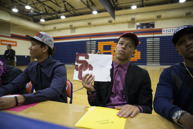 Bishop Gorman’s Bubba Bolden, center, who committed to attending University of Souther ...