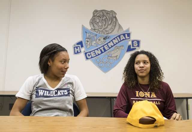 Samantha Thomas, left, and Jayden Eggleston wait to sign their letters of intent at Centenni ...