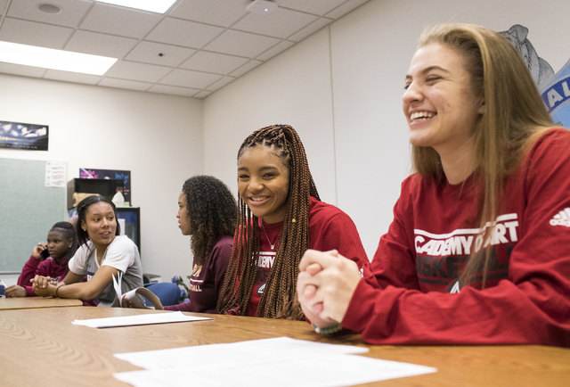 Shyla Miller, from right, and Megan Jefferson wait to sign their letters of intent at Centen ...