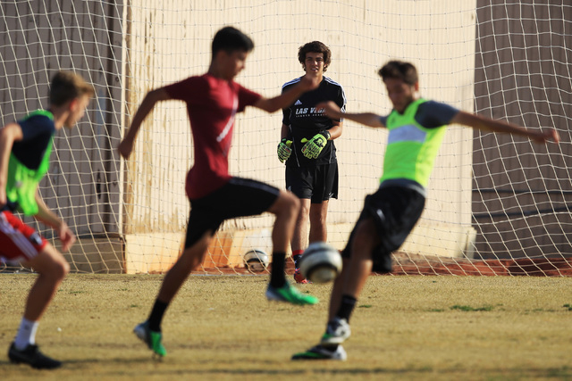 Cimarron-Memorial soccer goalkeeper Richard Crews watches the action during practice Wednesd ...