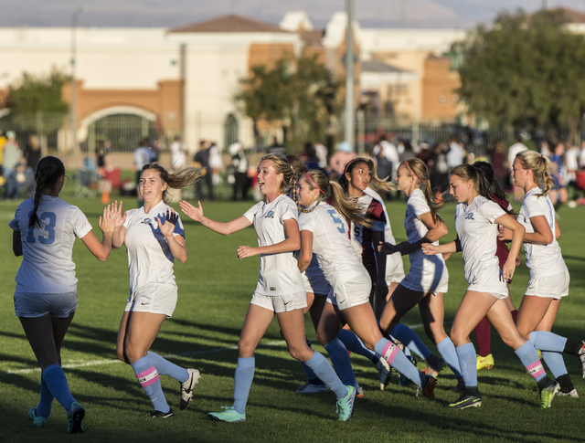 Foothill players celebrate after scoring a goal during the Sunrise Region girls soccer quart ...