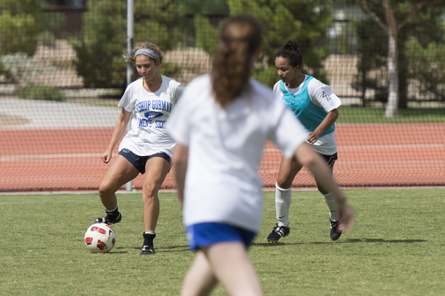 The girls soccer teams practice at Bishop Gorman High School in Las Vegas Thursday, Aug. 18, ...