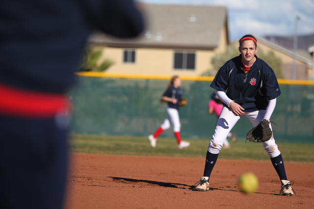 Sarah Pinkston, 16, pitcher for Coronado’s varsity softball team, gets ready to catch ...