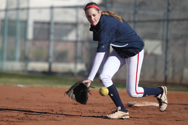 Sarah Pinkston, 16, pitcher for Coronado’s varsity softball team, gets ready to catch ...