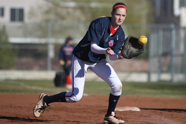 Sarah Pinkston, 16, pitcher for Coronado’s varsity softball team, makes a catch during ...