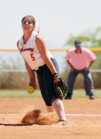Liberty’s Breanna Alvarez pitches against Lincoln County during the Spring Jamboree on ...