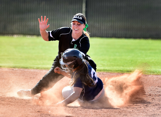 Centennial’s Sonja Lawrence (3) is tagged out trying to steal second base against Palo ...