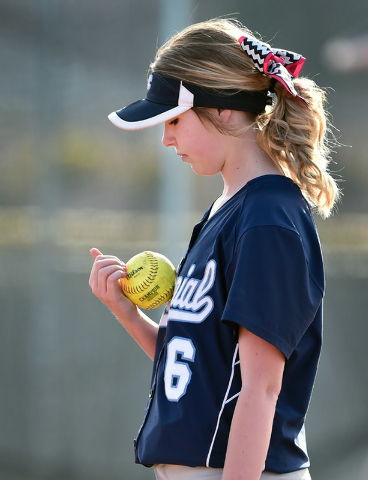 Centennial pitcher Cheyenne Cudahy looks over the ball before her next pitcher against Palo ...