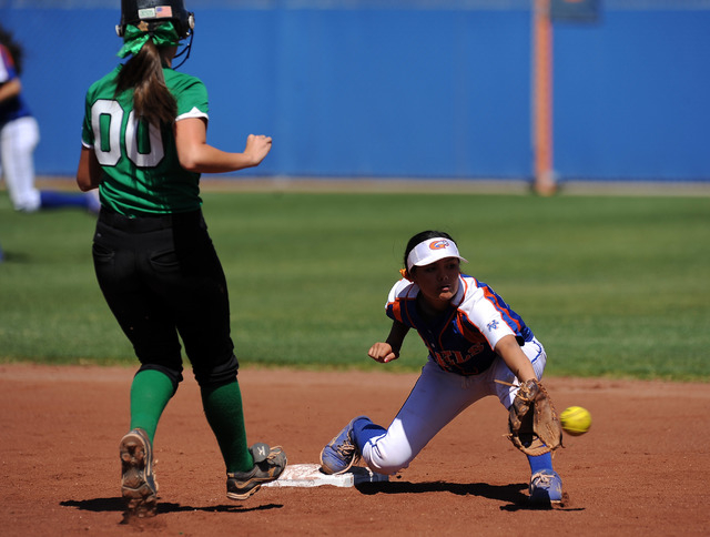 Rancho base runner Sissy Lupton (00) is thrown out by Bishop Gorman shortstop Sierra Dias at ...