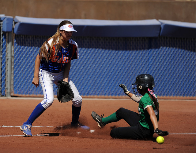 Rancho base runner Katerina Anthony safely advances to third base on a Rancho base hit as Bi ...