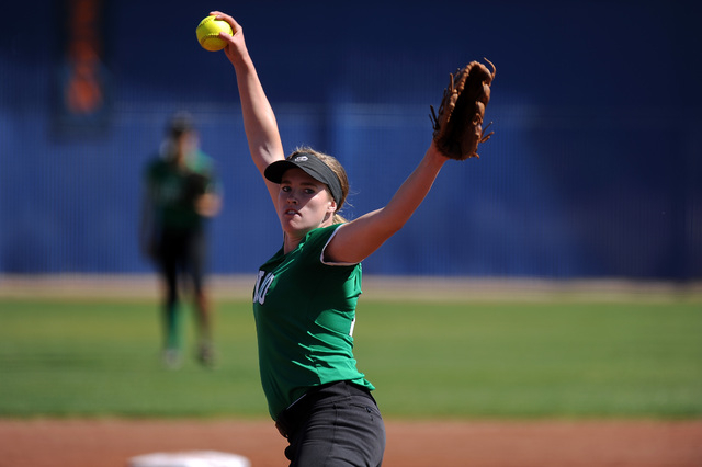 Rancho starting pitcher Samantha Pochop delivers against Bishop Gorman in the first inning o ...