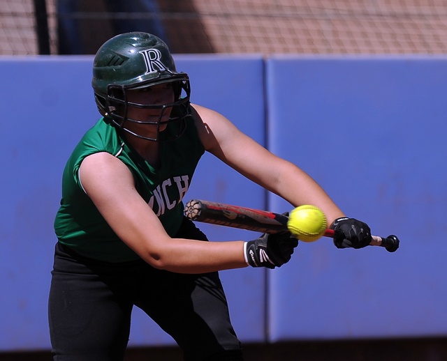 Rancho catcher McKinzi Vega bunts in a run against Bishop Gorman in the first inning of thei ...