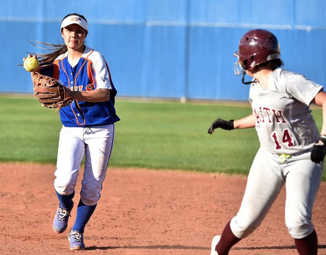 Bishop Gorman’s Sierra Dias, left, runs down Faith Lutheran’s Claire Peck during ...