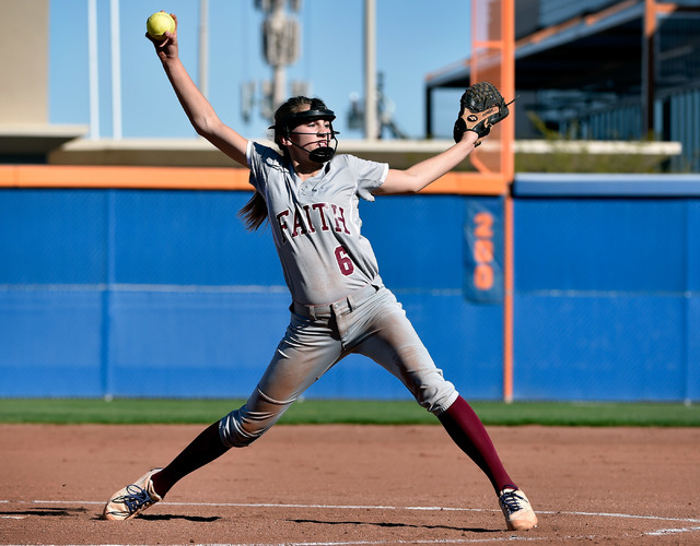 Faith Lutheran pitcher Makena Martin fires a pitch against Bishop Gorman during a high schoo ...