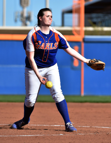 Bishop Gorman pitcher Samantha Stanfill fires off the ball against Faith Lutheran during a h ...