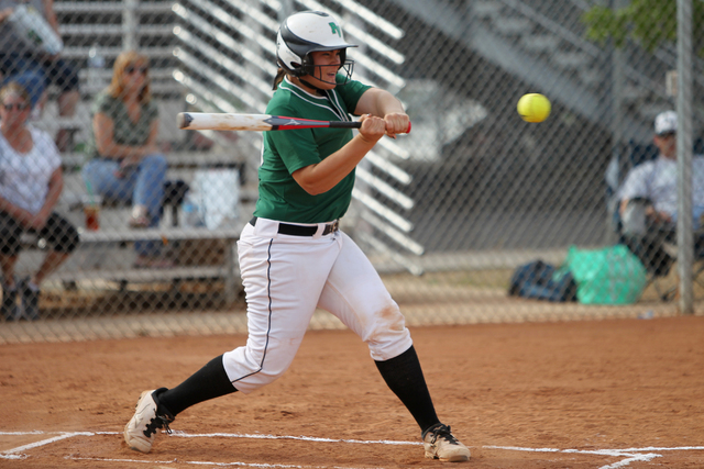 Palo Verde’s Grace Chavez (25) makes contact with the ball in their softball game agai ...