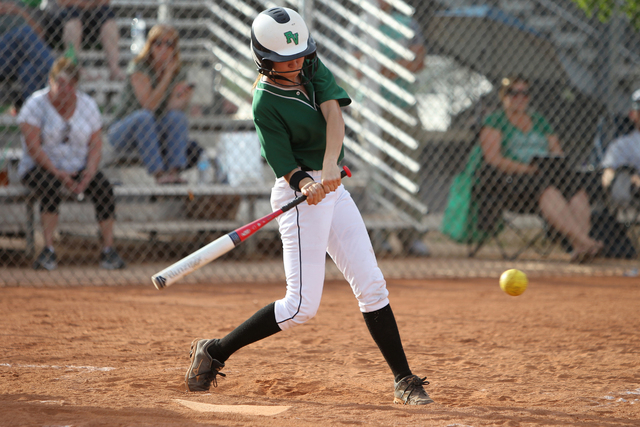 Palo Verde’s McKenzie Ryan (6) swings for a hit against Rancho at Rancho High School i ...