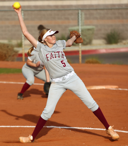 Faith Lutheran’s Mosie Foley (5) pitches against Boulder City on Thursay. Foley got th ...