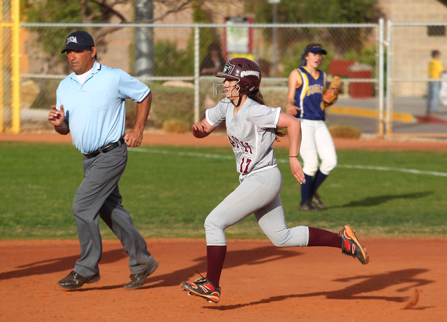 Faith Lutheran’s Erin Gilchrist runs for second base on Thursday against Boulder City. ...