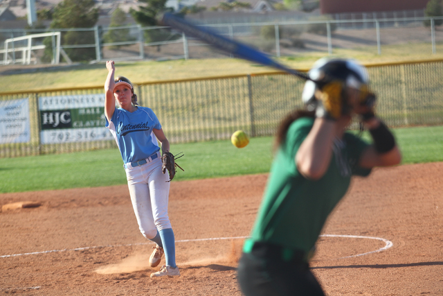 Centennial’s Cheyenne Cudahy pitches the ball to Palo Verde’s Cara Beatty on Tue ...