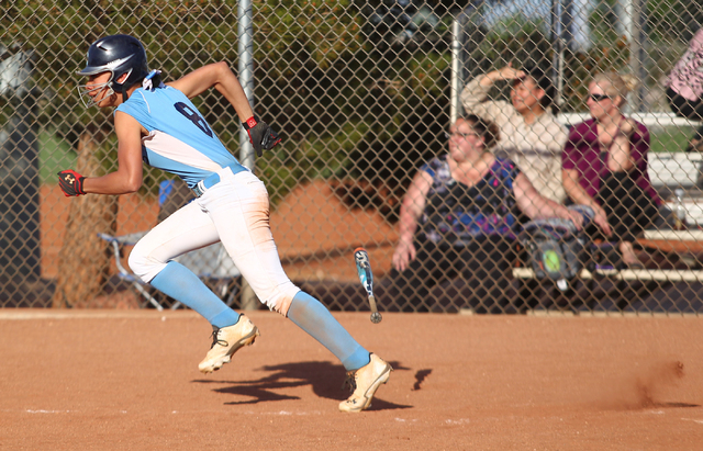 Centennial’s Angel Love runs for first base against Palo Verdeon Tuesday. Centennial w ...