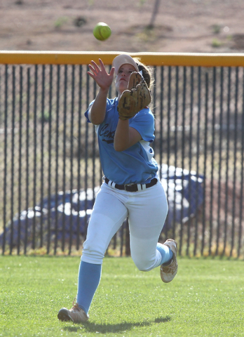 Centennial’s Lacie Chakos catches a fly ball off the bat of Palo Verde’s Kiley H ...
