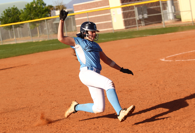 Centennial’s Stephanie Day slides safely into third base against Palo Verde on Tuesday ...