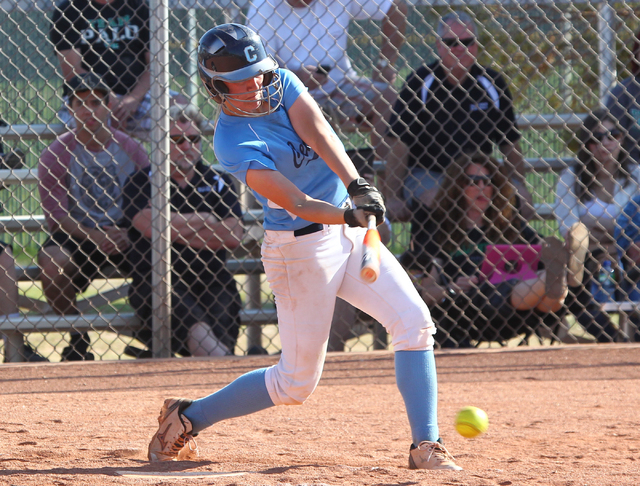 Centennial’s Heather Bowen swings at a pitch against Palo Verde on Tuesday. Centennial ...