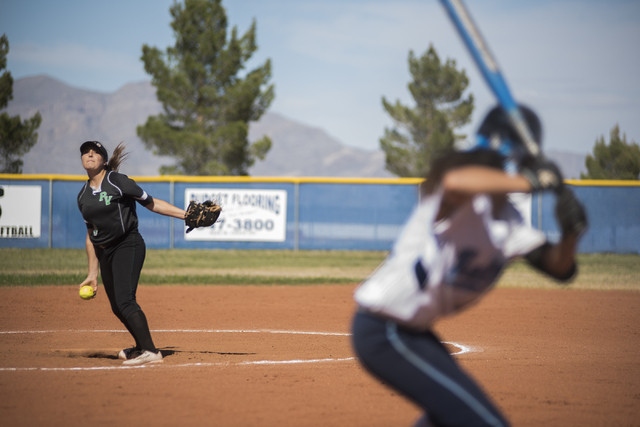 Palo Verde High School’s Haylee Lupinetti (24) pitches to Centennial High School batte ...