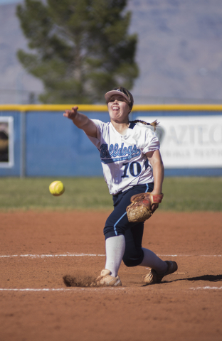 Centennial High School’s Maddie Jones (10) pitches against Palo Verde High School duri ...