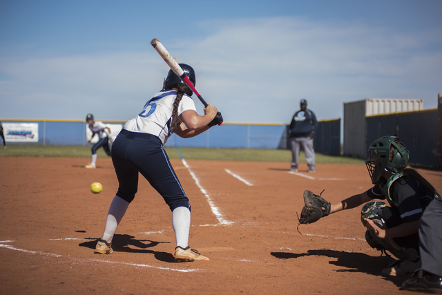 Centennial High School’s Stephanie Day (5) takes a ball against Palo Verde High School ...