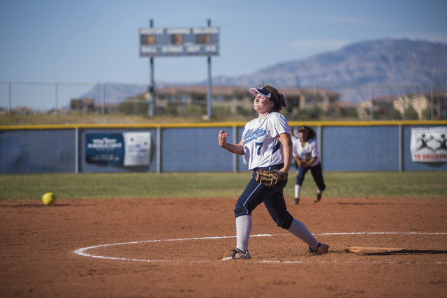Centennial High School’s Jennifer Cerrone (7) pitches against Palo Verde High School d ...