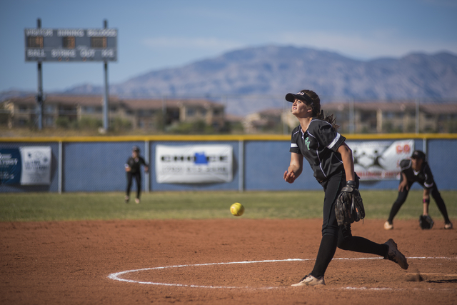 Palo Verde High School’s Taylor Askland (3) pitches to Centennial High School during t ...
