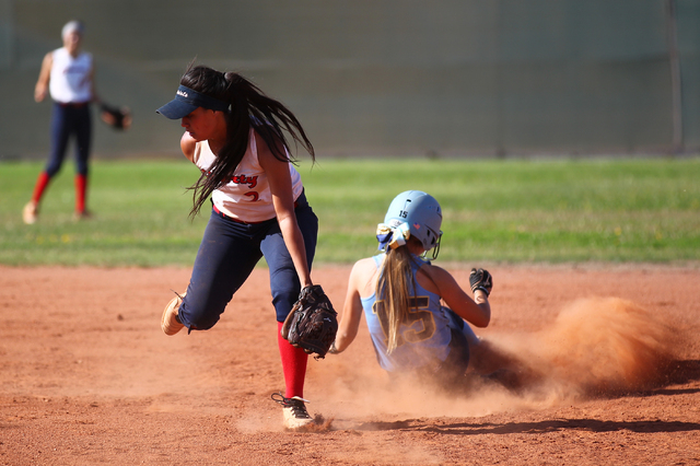 Foothill’s Hannah Stevens (15) slides safely into second base past Liberty’s Tia ...